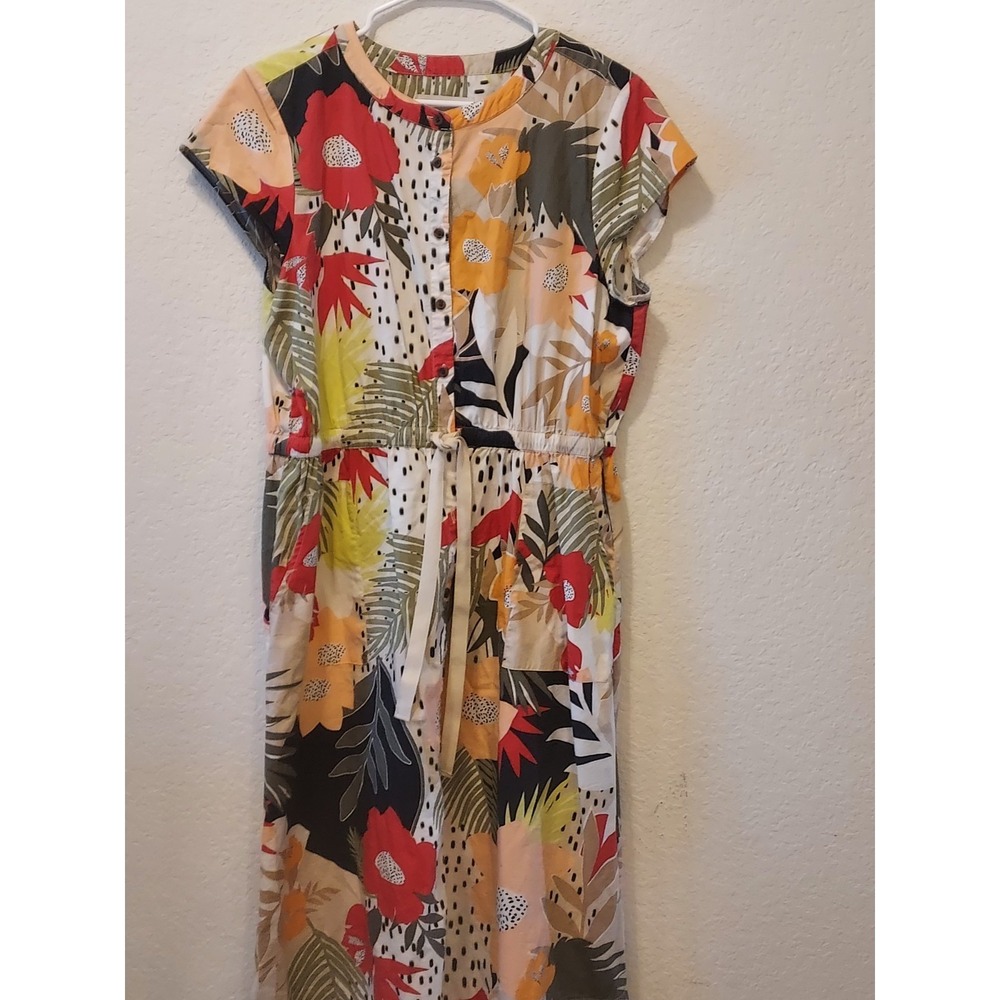 LOFT Floral Tropical Print Dress in Red, Yellow, Green, Black